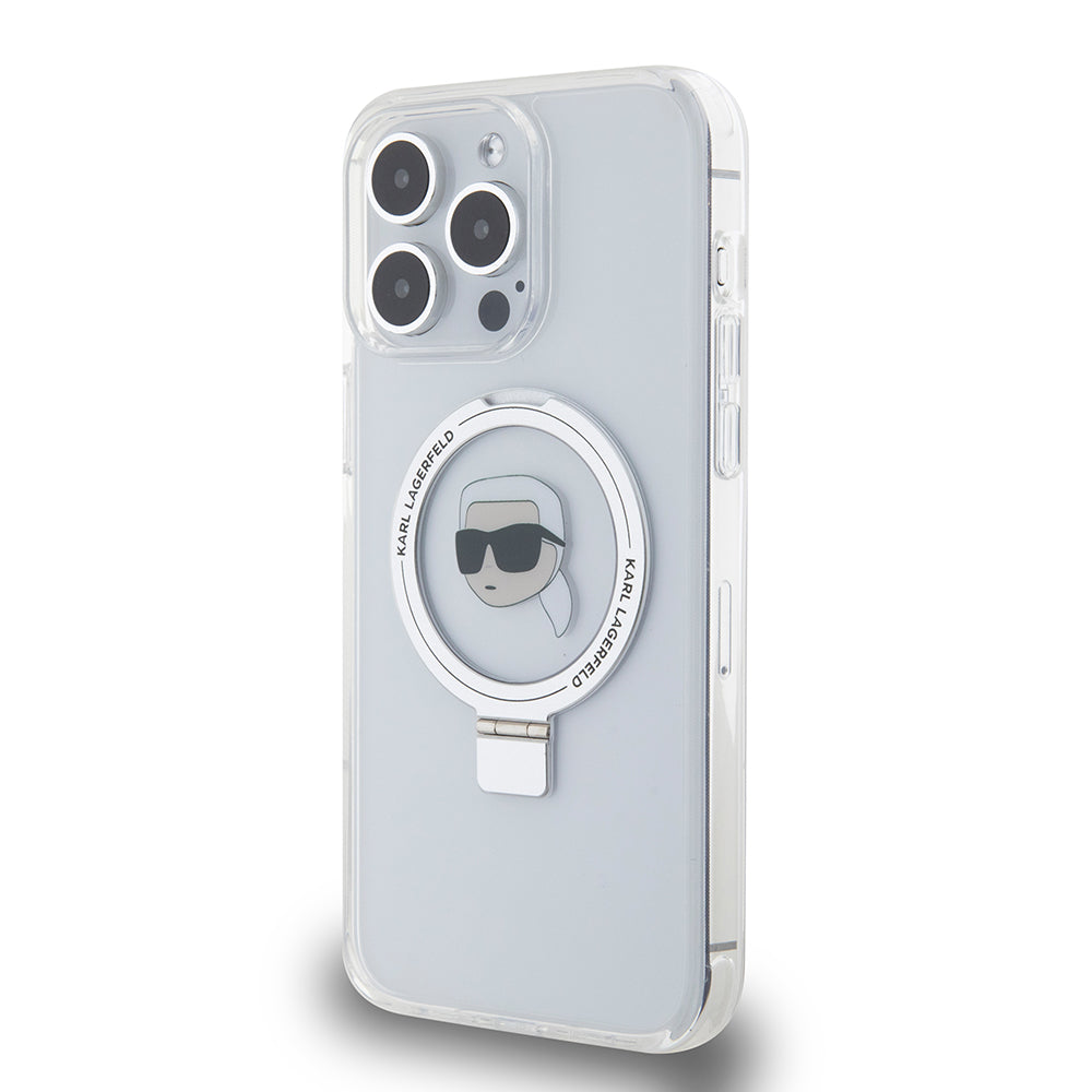 Husa MagSafe за Apple iPhone 15 Pro Max, Karl Lagerfeld, Ring Stand Karl's Head, Бяла