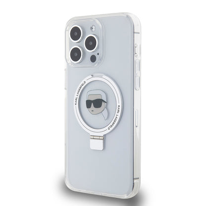 Husa MagSafe за Apple iPhone 15 Pro Max, Karl Lagerfeld, Ring Stand Karl's Head, Бяла