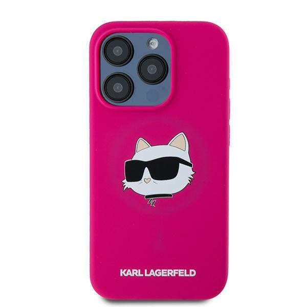 Калъф MagSafe за Apple iPhone 15 Pro Max, Karl Lagerfeld, Силиконова глава на Choupette, Фуксия