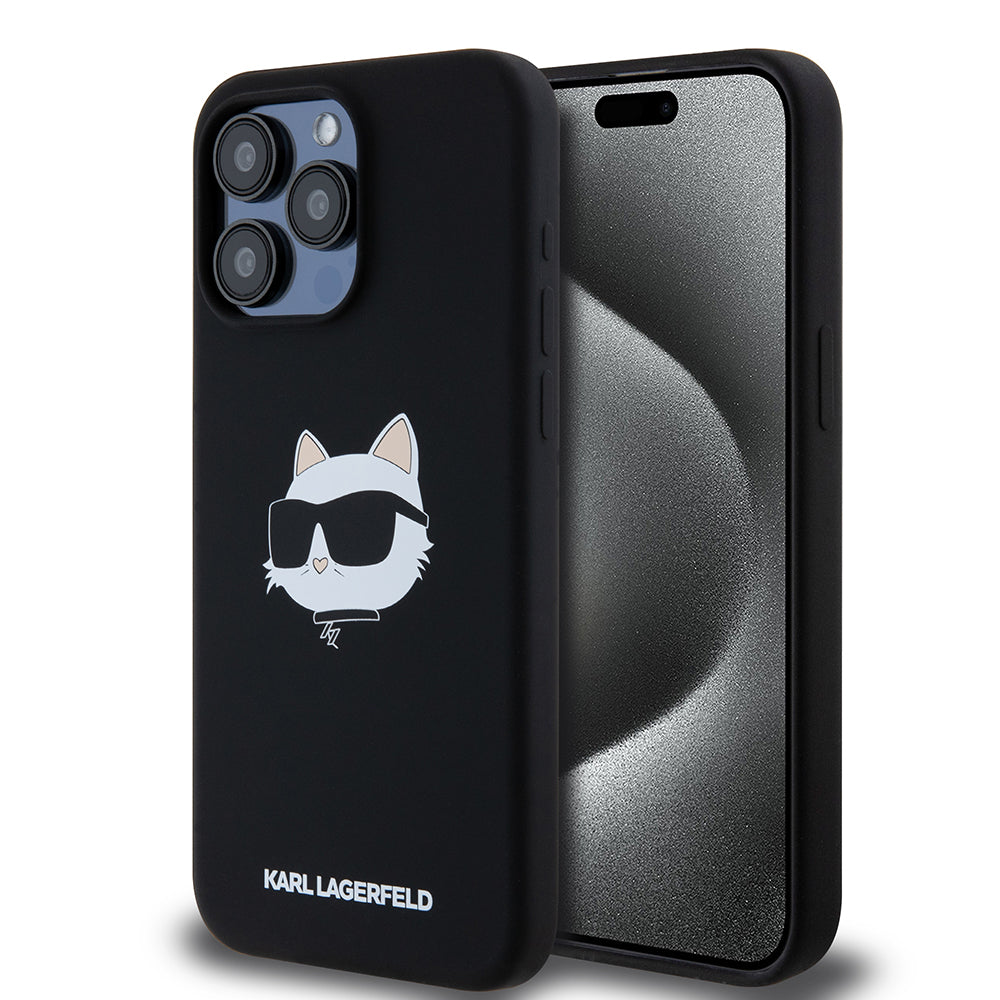 Калъф MagSafe за Apple iPhone 15 Pro Max, Karl Lagerfeld, Силиконова глава на Choupette, Черен