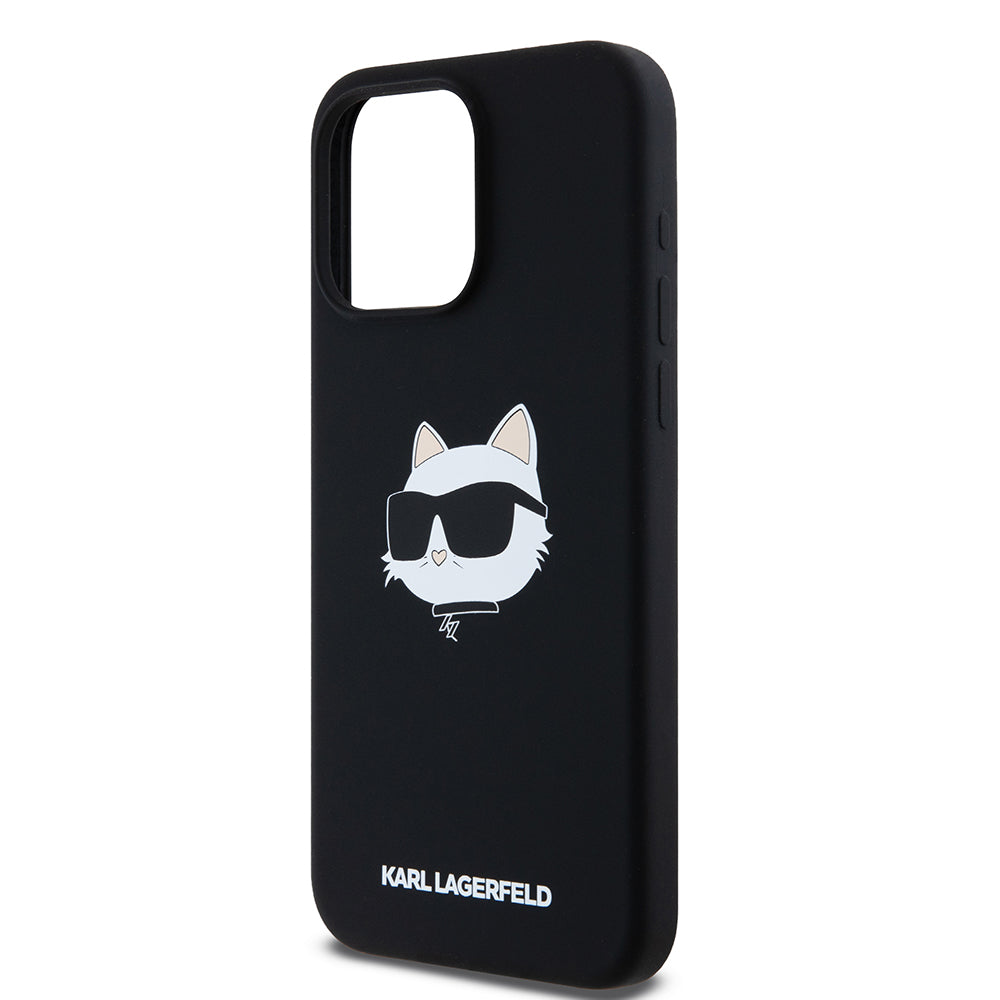 Калъф MagSafe за Apple iPhone 15 Pro Max, Karl Lagerfeld, Силиконова глава на Choupette, Черен