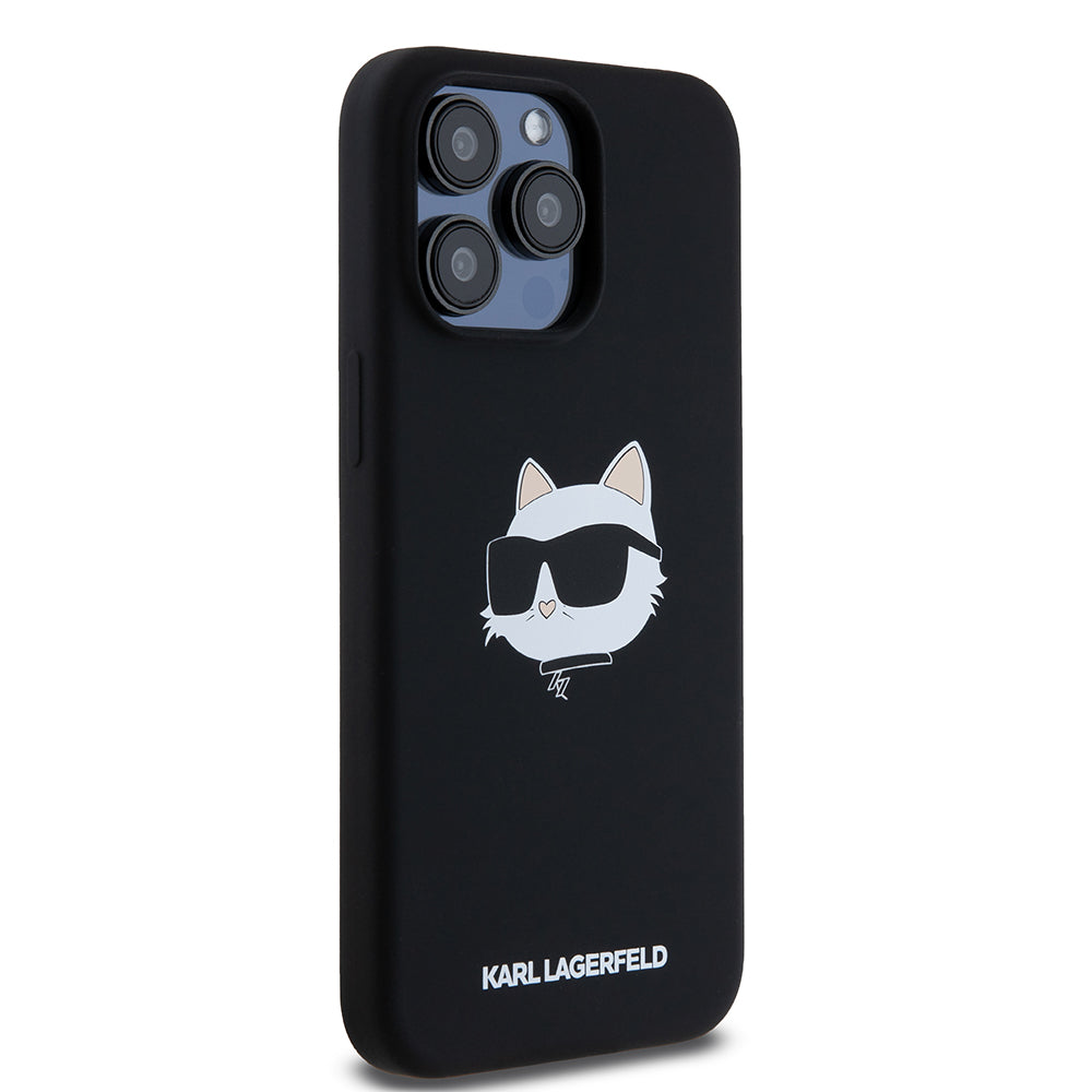 Калъф MagSafe за Apple iPhone 15 Pro Max, Karl Lagerfeld, Силиконова глава на Choupette, Черен