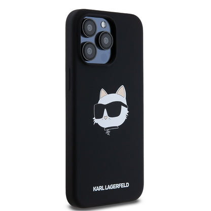 Калъф MagSafe за Apple iPhone 15 Pro Max, Karl Lagerfeld, Силиконова глава на Choupette, Черен