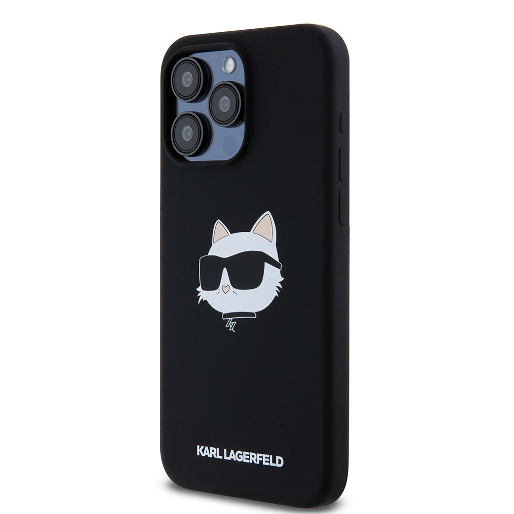 Калъф MagSafe за Apple iPhone 15 Pro Max, Karl Lagerfeld, Силиконова глава на Choupette, Черен