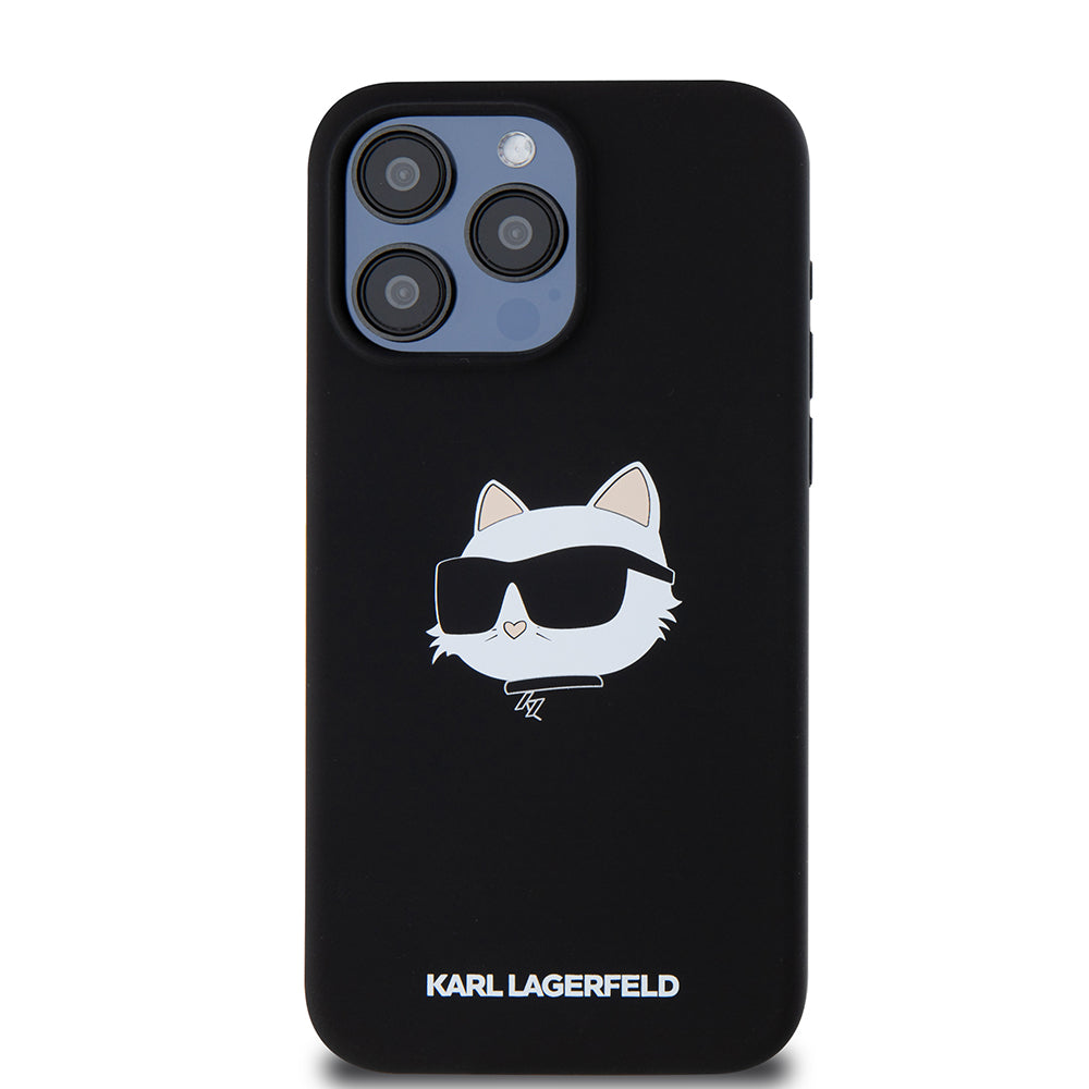 Калъф MagSafe за Apple iPhone 15 Pro Max, Karl Lagerfeld, Силиконова глава на Choupette, Черен