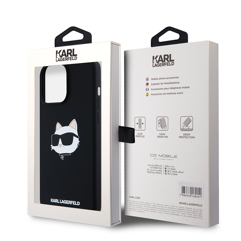 Калъф MagSafe за Apple iPhone 15 Pro Max, Karl Lagerfeld, Силиконова глава на Choupette, Черен