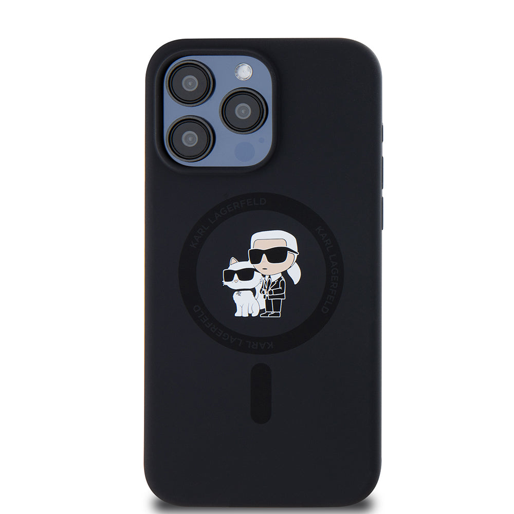 Калъф MagSafe за Apple iPhone 15 Pro Max, Karl Lagerfeld, Silicone Ring Karl & Choupette, Черен