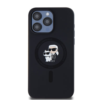 Калъф MagSafe за Apple iPhone 15 Pro Max, Karl Lagerfeld, Silicone Ring Karl & Choupette, Черен