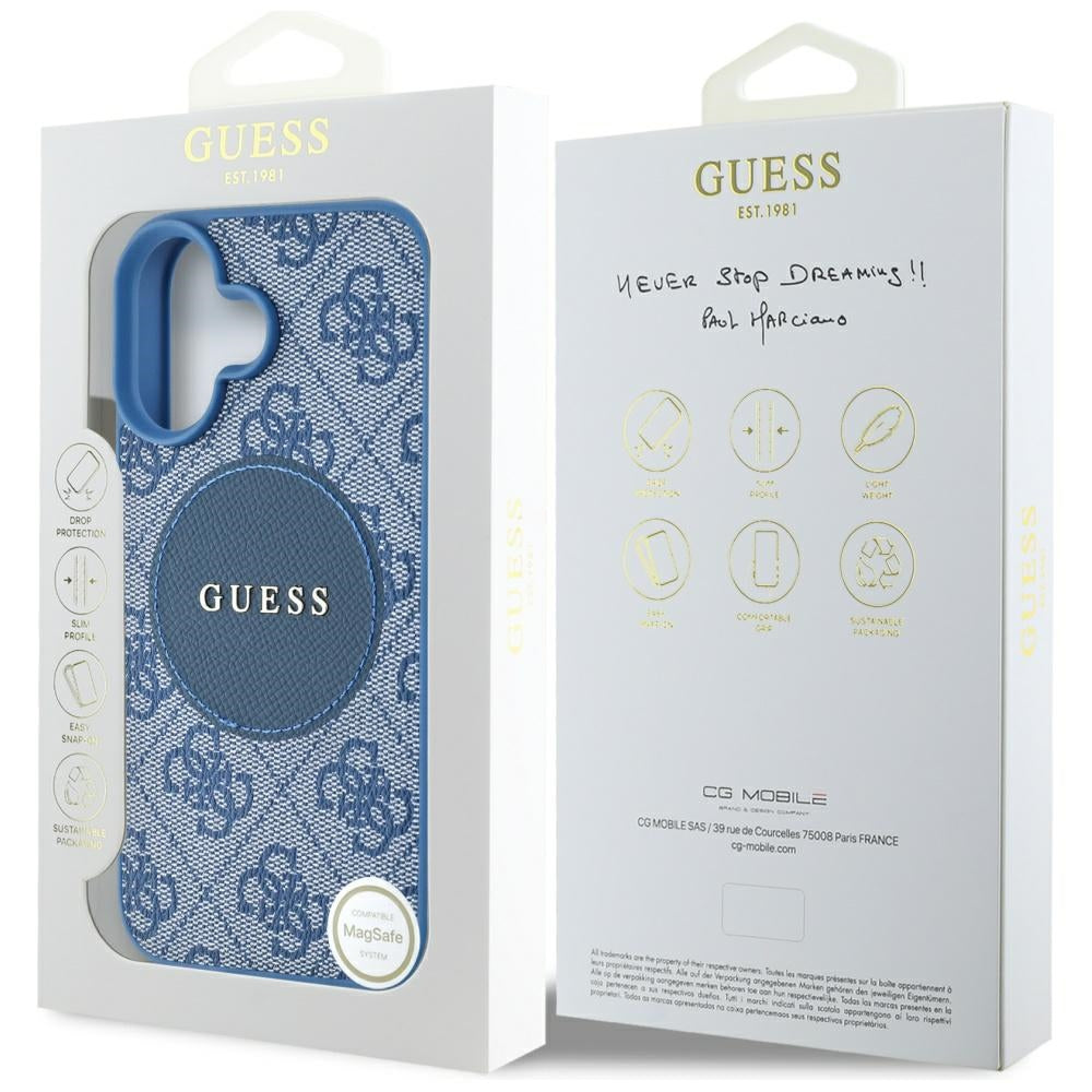 Калъф MagSafe за Apple iPhone 16, Guess, 4G Circle Classic Logo, Син