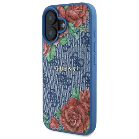Калъф MagSafe за Apple iPhone 16, Guess, 4G Flowers Print, Син