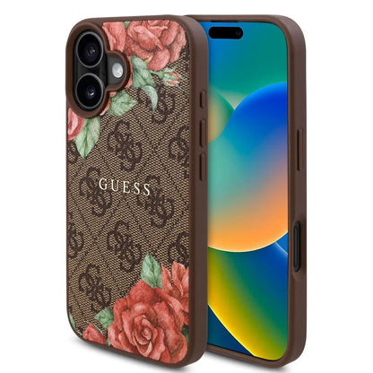 Калъф MagSafe за Apple iPhone 16, Guess, 4G Flowers Print, Кафяв