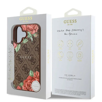 Калъф MagSafe за Apple iPhone 16, Guess, 4G Flowers Print, Кафяв