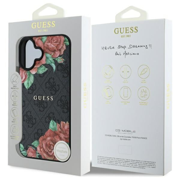Калъф MagSafe за Apple iPhone 16, Guess, 4G Flowers Print, Черен