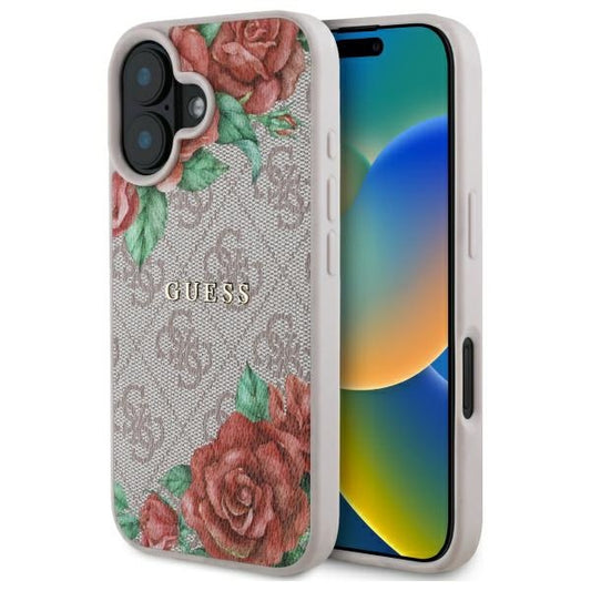 Калъф MagSafe за Apple iPhone 16, Guess, 4G Flowers Print, Розов