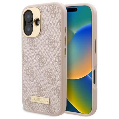 Калъф MagSafe за Apple iPhone 16, Guess, 4G Logo Plate, Розов