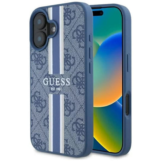 Калъф MagSafe за Apple iPhone 16, Guess, 4G Printed Stripes, Син