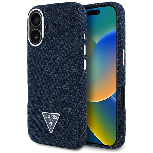 Калъф MagSafe за Apple iPhone 16, Guess, Denim Triangle Logo, Син