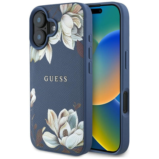Калъф MagSafe за Apple iPhone 16, Guess, Grained Flowers, Син