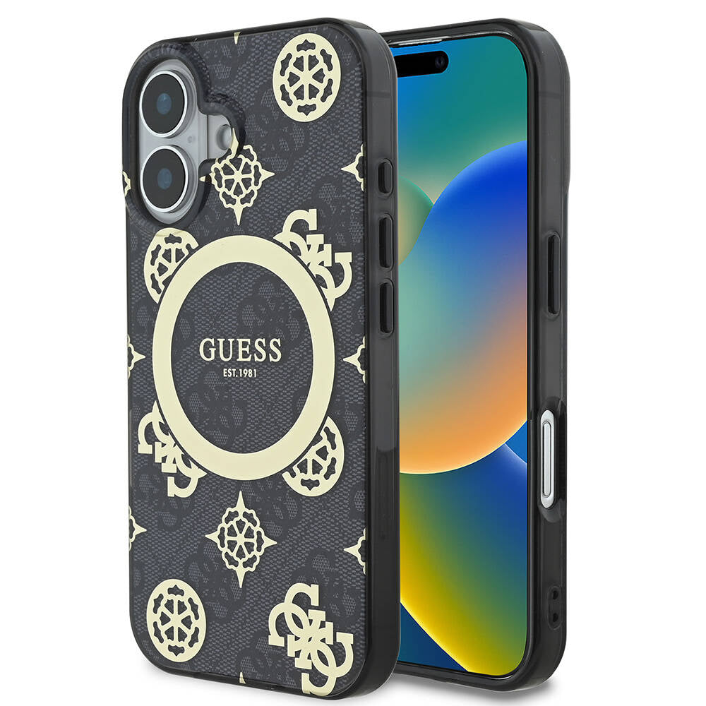 Калъф MagSafe за Apple iPhone 16, Guess, IML 4G Peony, Черен GUHMP16SH4PYEEK