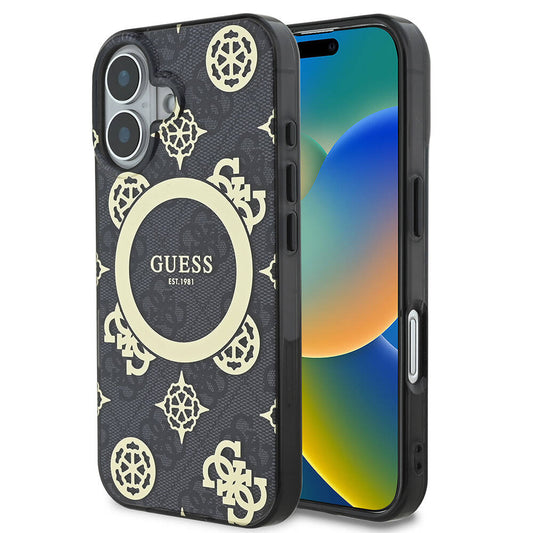 Калъф MagSafe за Apple iPhone 16, Guess, IML 4G Peony, Черен GUHMP16SH4PYEEK