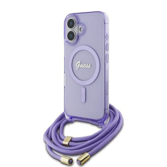 Калъф MagSafe за Apple iPhone 16, Guess, IML Crossbody Cord Script, Лилав