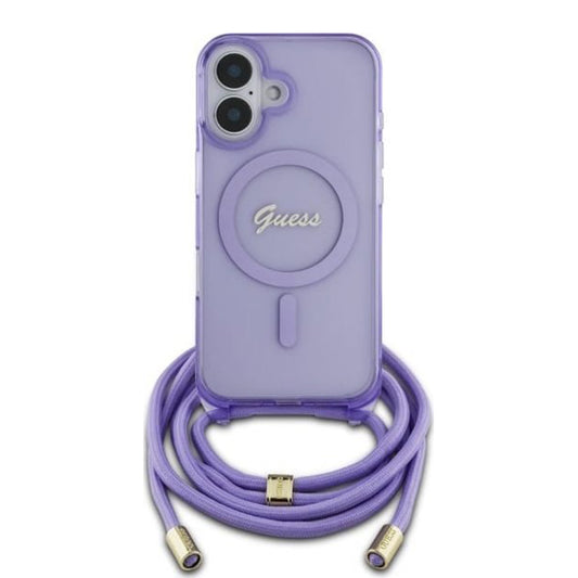 Калъф MagSafe за Apple iPhone 16, Guess, IML Crossbody Cord Script, Розов