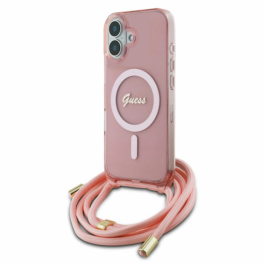 Калъф MagSafe за Apple iPhone 16, Guess, IML Crossbody Cord Script, Розов