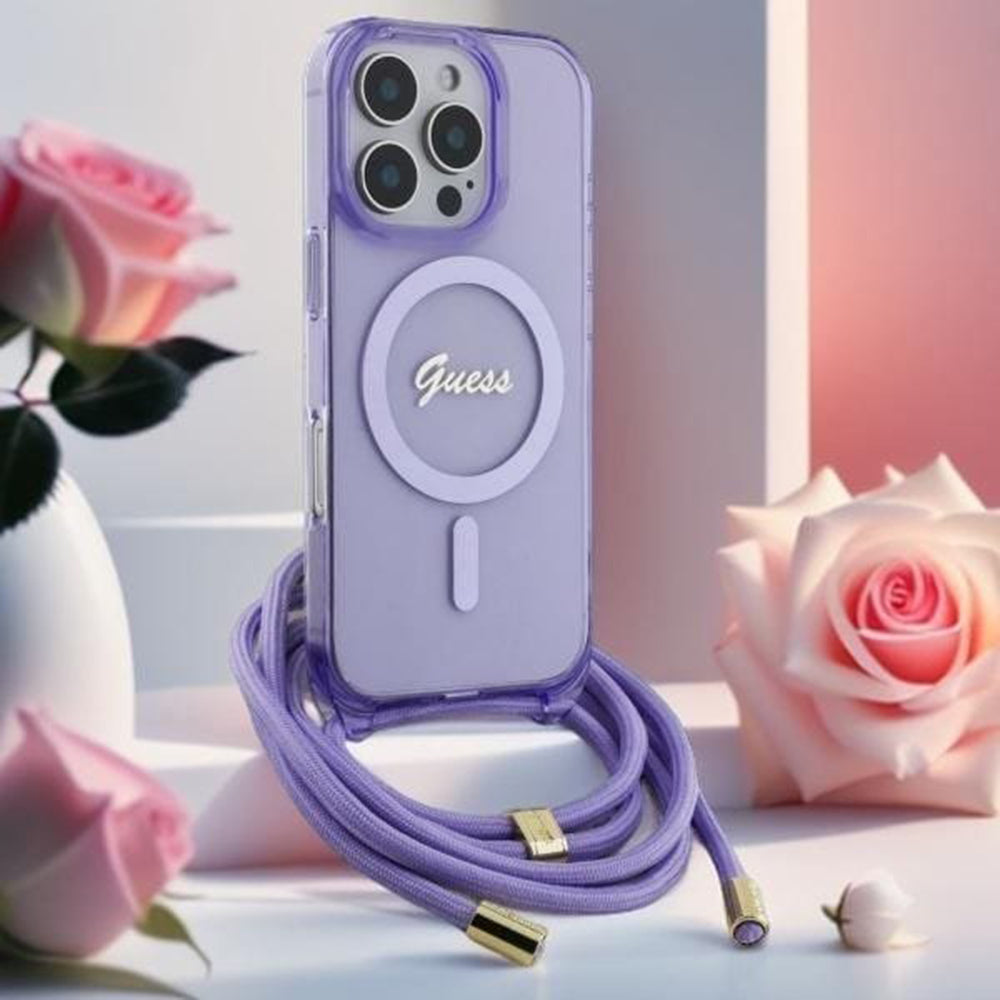 MagSafe Case for Apple iPhone 16, Guess, IML Crossbody Cord Script, Pink