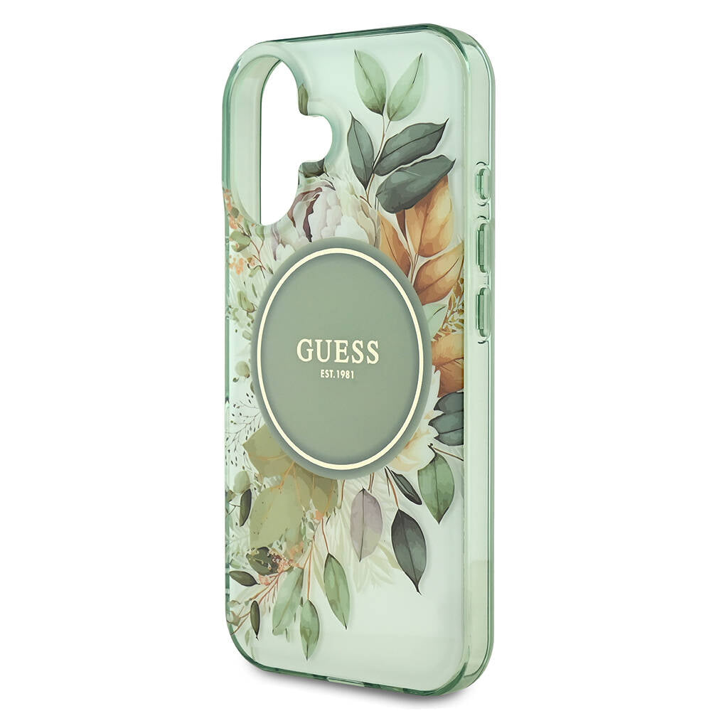 Калъф MagSafe за Apple iPhone 16, Guess, IML Flower & Tonal Circle, Зелен