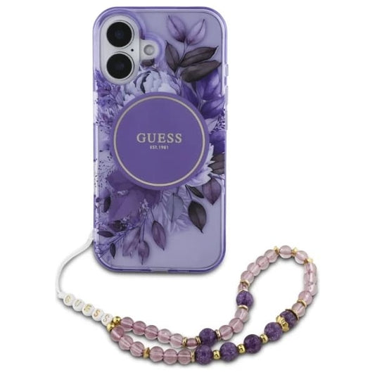 Калъф MagSafe за Apple iPhone 16, Guess, IML Flowers with Pearl Strap, Лилав