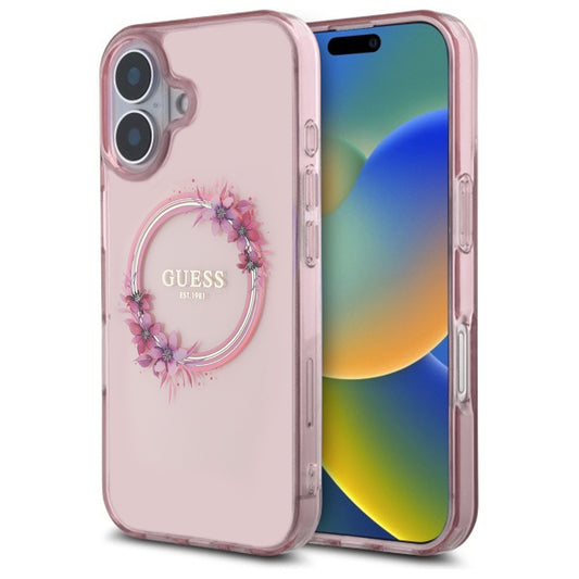Калъф MagSafe за Apple iPhone 16, Guess, IML Flowers Wreath, Розов