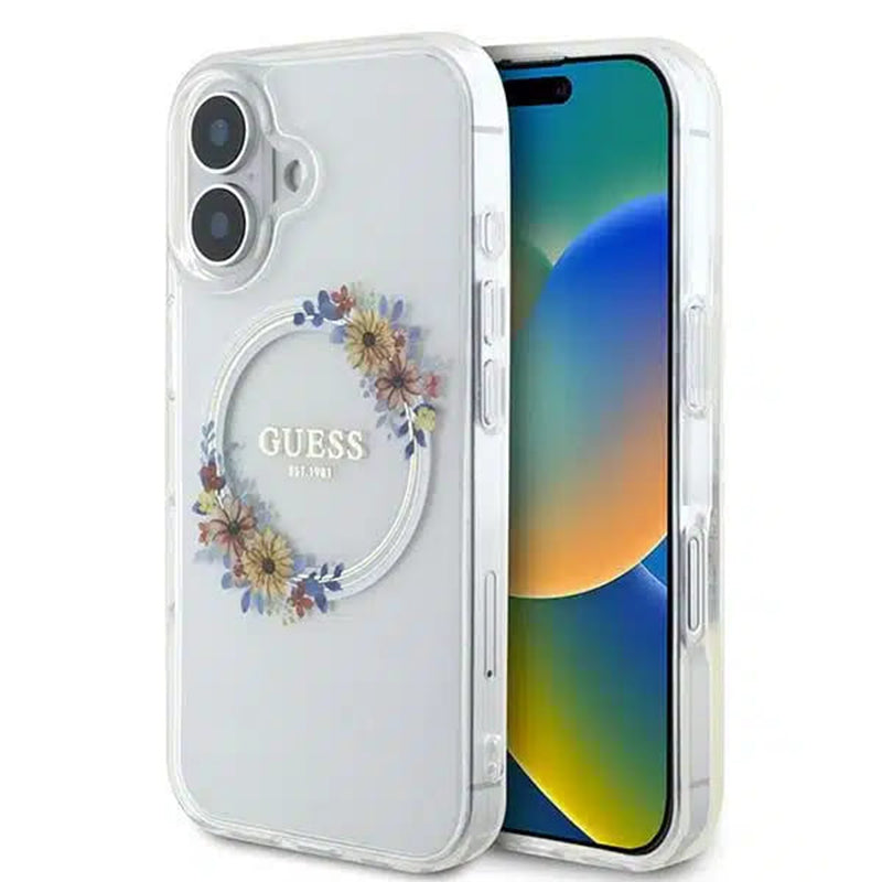 Калъф MagSafe за Apple iPhone 16, Guess, IML Flowers Wreath, Прозрачен
