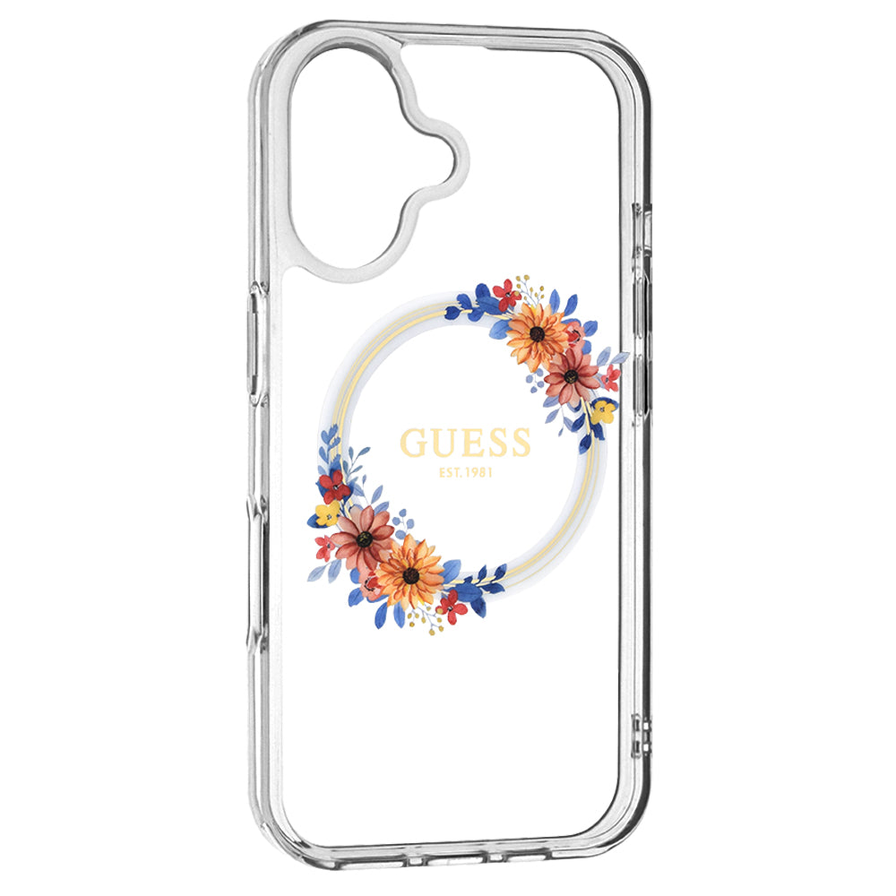 Калъф MagSafe за Apple iPhone 16, Guess, IML Flowers Wreath, Прозрачен