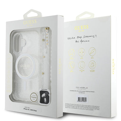 MagSafe Case for Apple iPhone 16, Guess, IML Glitter with Pearl Strap, Transparent