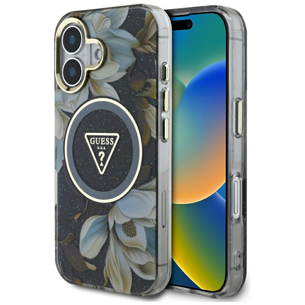 Калъф MagSafe за Apple iPhone 16, Guess, IML Metal Glitter Flowers Triangle, Черен