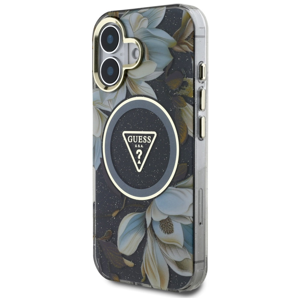 Калъф MagSafe за Apple iPhone 16, Guess, IML Metal Glitter Flowers Triangle, Черен