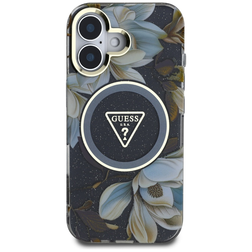 Калъф MagSafe за Apple iPhone 16, Guess, IML Metal Glitter Flowers Triangle, Черен