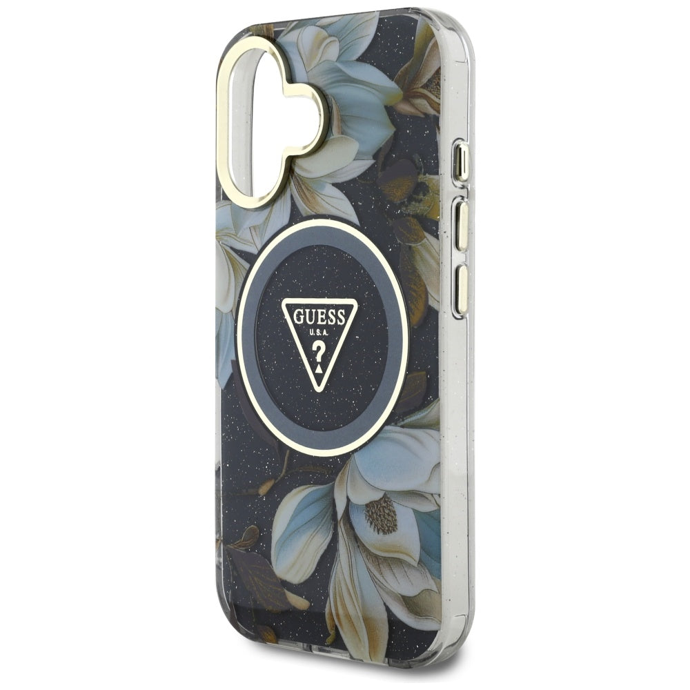 Калъф MagSafe за Apple iPhone 16, Guess, IML Metal Glitter Flowers Triangle, Черен