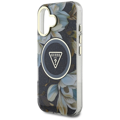 Калъф MagSafe за Apple iPhone 16, Guess, IML Metal Glitter Flowers Triangle, Черен