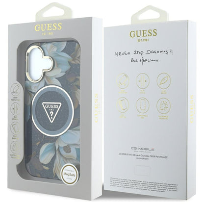 Калъф MagSafe за Apple iPhone 16, Guess, IML Metal Glitter Flowers Triangle, Черен