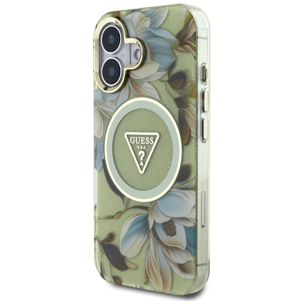 Калъф MagSafe за Apple iPhone 16, Guess, IML Metal Glitter Flowers Triangle, Зелен