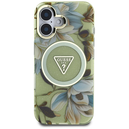 Калъф MagSafe за Apple iPhone 16, Guess, IML Metal Glitter Flowers Triangle, Зелен