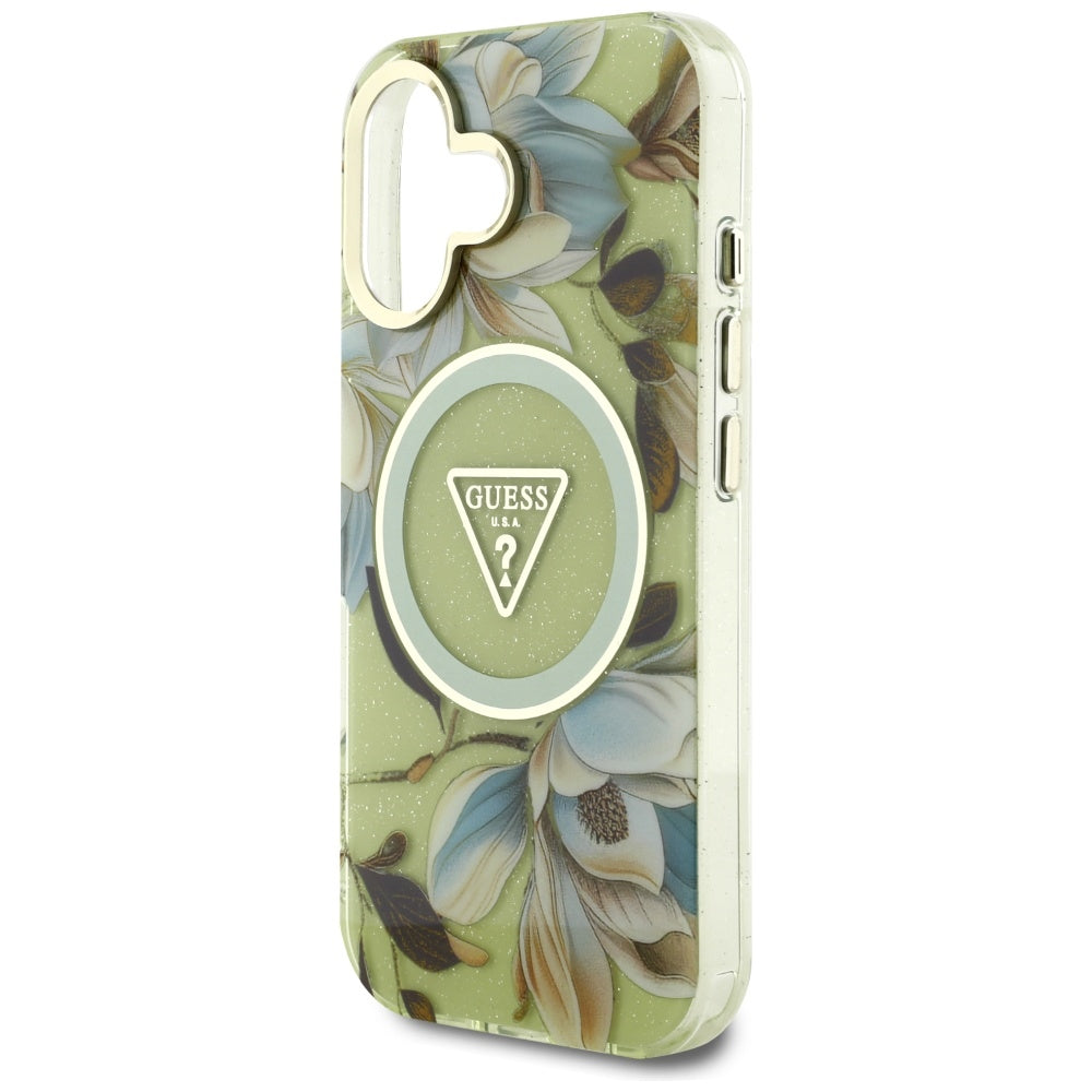 Калъф MagSafe за Apple iPhone 16, Guess, IML Metal Glitter Flowers Triangle, Зелен