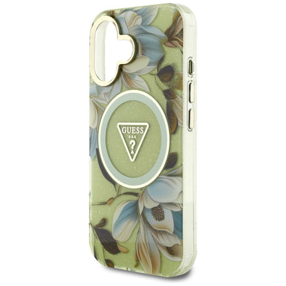 Калъф MagSafe за Apple iPhone 16, Guess, IML Metal Glitter Flowers Triangle, Зелен