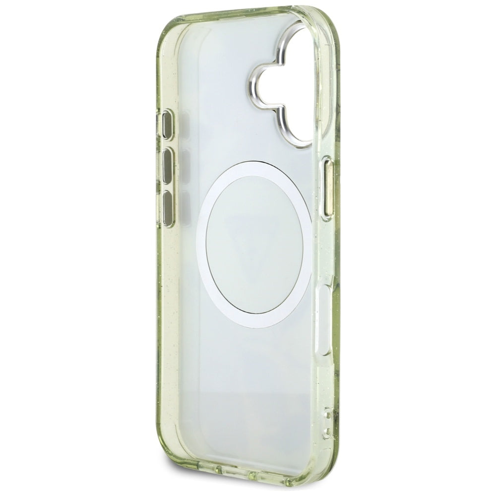 Калъф MagSafe за Apple iPhone 16, Guess, IML Metal Glitter Flowers Triangle, Зелен