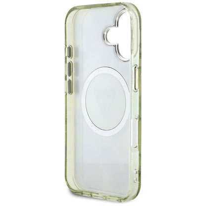 Калъф MagSafe за Apple iPhone 16, Guess, IML Metal Glitter Flowers Triangle, Зелен