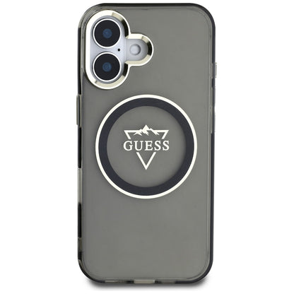 Калъф MagSafe за Apple iPhone 16, Guess, IML Metal Mountain Logo, Черен