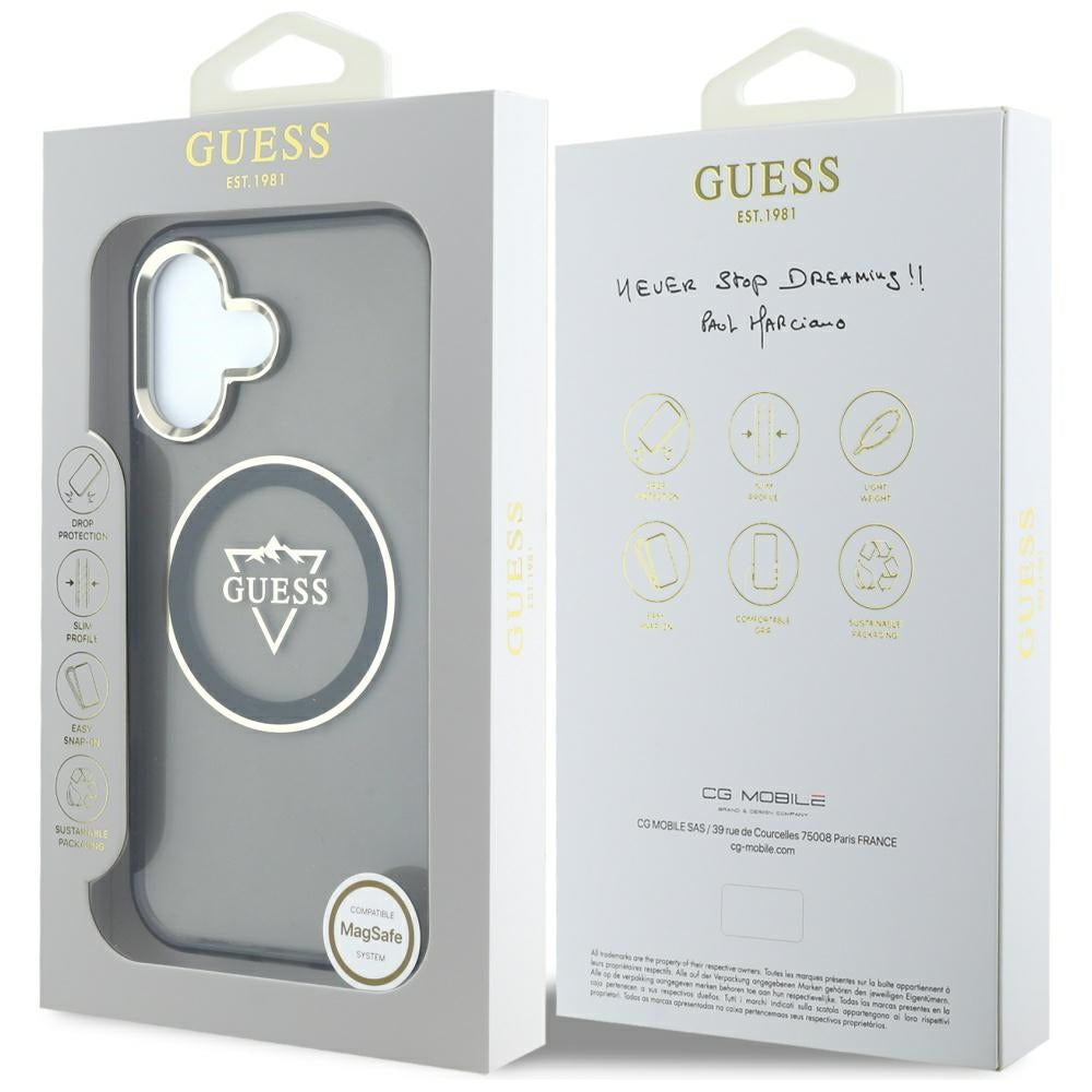 Калъф MagSafe за Apple iPhone 16, Guess, IML Metal Mountain Logo, Черен