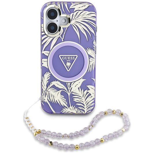 Калъф MagSafe за Apple iPhone 16, Guess, IML Palm Trees Triangle with Pearl Strap, Лилав