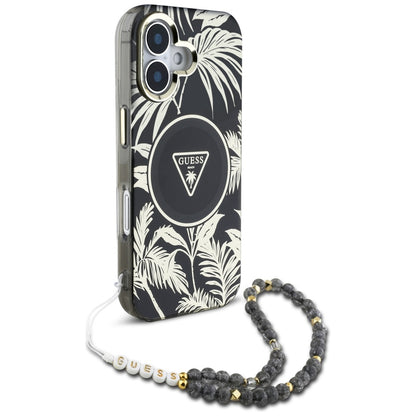 MagSafe Case for Apple iPhone 16, Guess, IML Palm Trees Triangle with Pearl Strap, Black